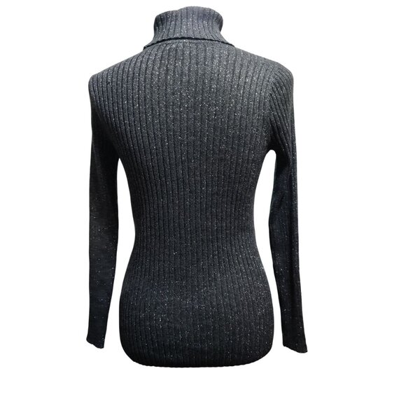 Chicos 0 Small Black Gray Silver Ribbed Metallic Turtleneck Long Sleeve Sweater - Picture 3 of 9